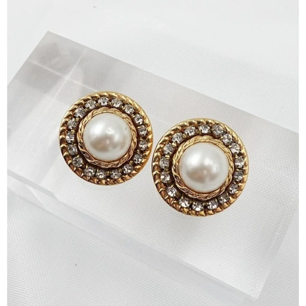 Vintage Rhinestone Halo Button Earrings Gold Tone Faux Pearl Dome Stud 80s Glam